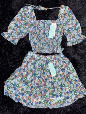 Shore Floral Smocked Mini Set - Blue/Green NWT